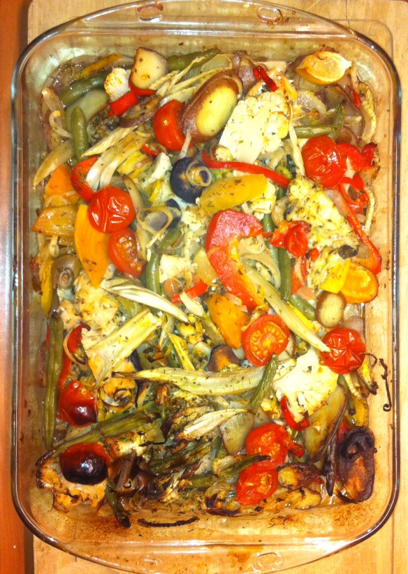 ovenschotel met groenten en vis, witte wijn, provencaalse kruiden, hete paprikapoeder, knoflook, 