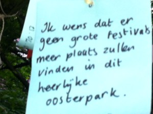 Wensboom, Oosterpark, Amsterdam, april 2014, wens geen grote festivals in Oosterpark