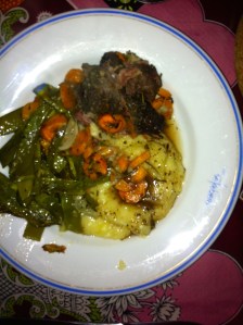 puree van aardappelen en knolselderij,klapstuk met bier,geroosterde groenten uit de oven