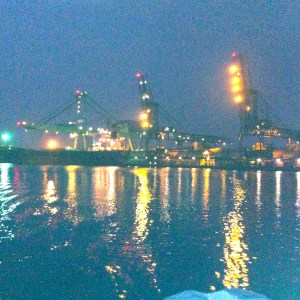 hijskraan,havens van Amsterdam, havensafari, nacht, schip, lichtjes in de nacht 