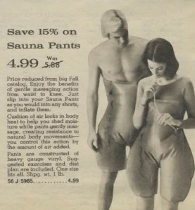 Saunapants, afslanken met saunabroek, retro plaatje sauna