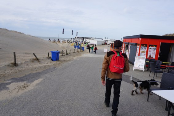 knappe man aan het strand, oprit naar strand, kust, Wassenaarse Slag, hond en man,. balletje gooien, Scheveningen in de verte