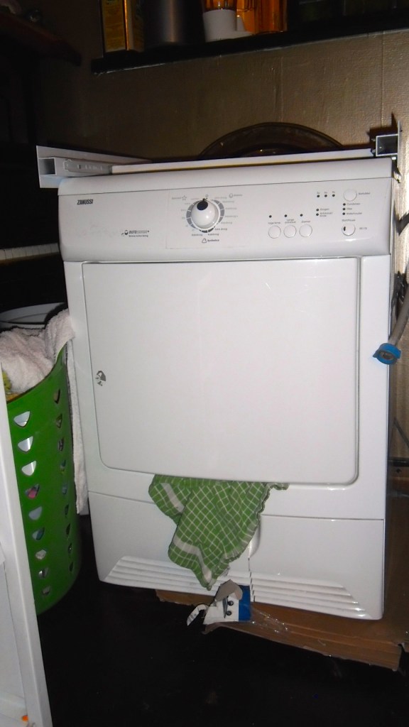 droger met 1 oog, verbaasde wasmachine, geschrokken wasmachine, droger steekt tong uit, groene tong